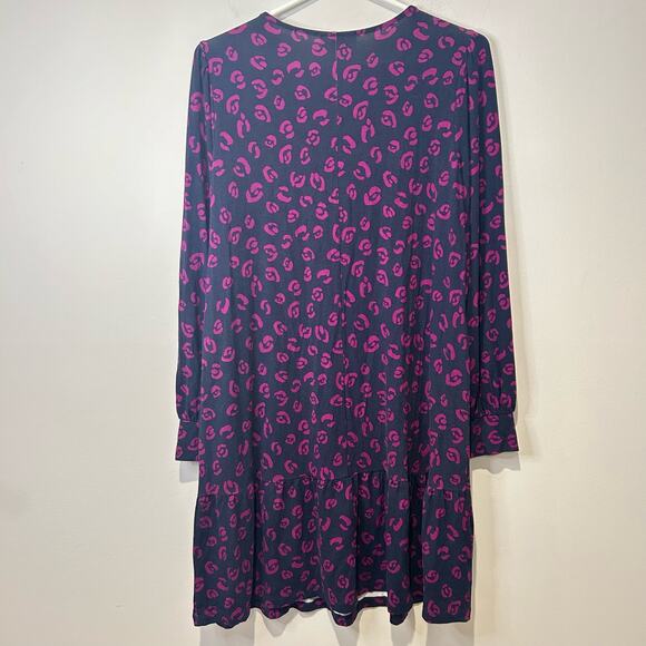 LOFT Long Sleeve Knee Length Swing Dress Medium Navy Pink Animal Print Ruffle - Picture 8 of 8